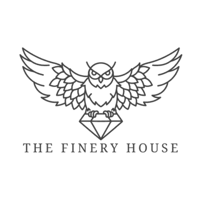 Logo of "The Finery House" featuring an owl with wings spread, holding a diamond.