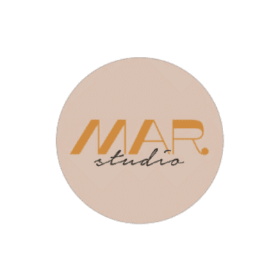 Logo of MAR studio with orange lettering on a light peach background in a green circle.