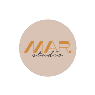 Logo of MAR studio with orange lettering on a light peach background in a green circle.